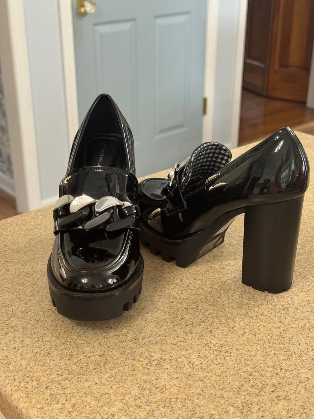 Antonio Melani Parkerr Lug Sole Chain Detail Black Patent Platform Loafers 7.5